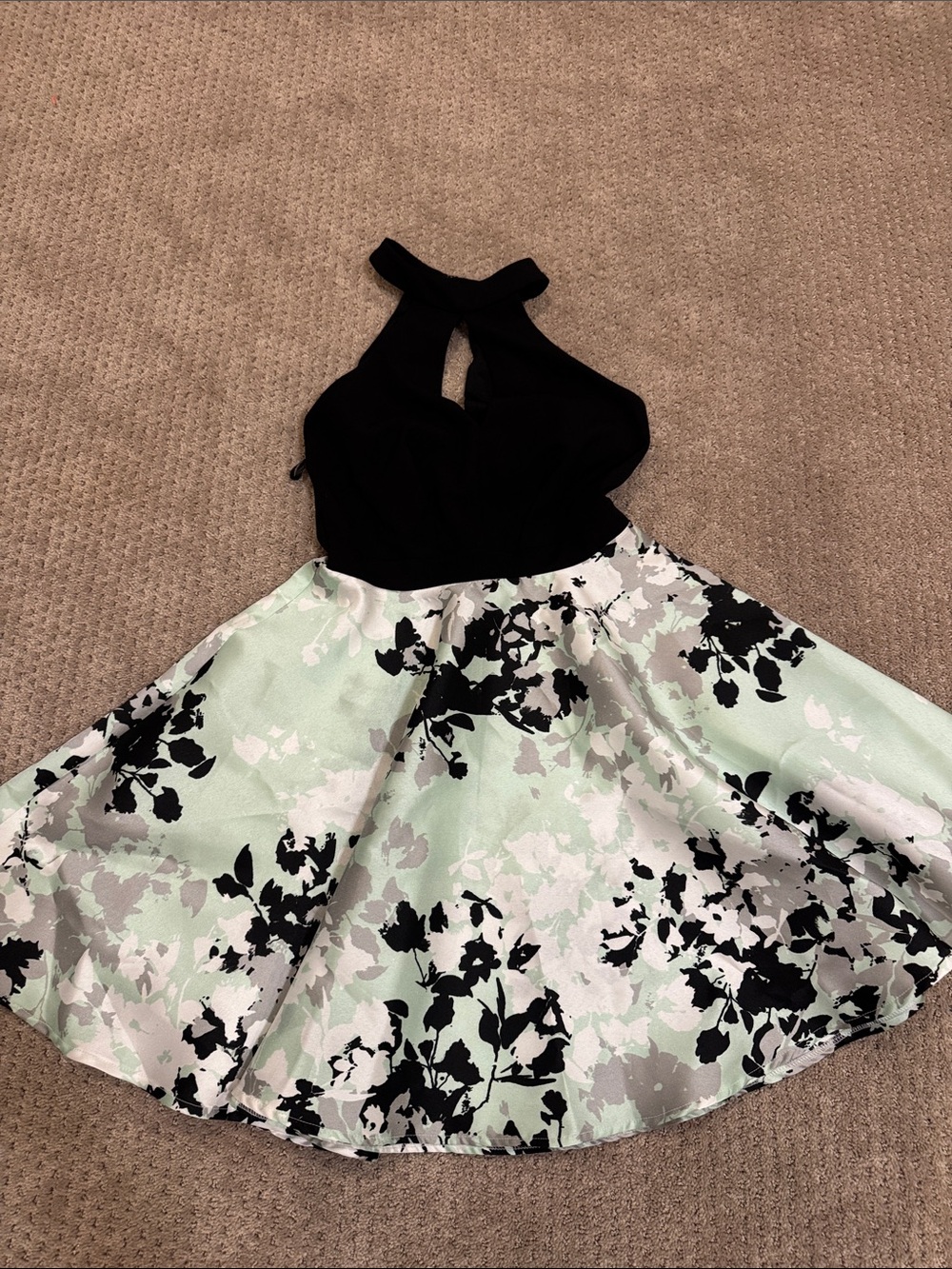 David's Bridal Black Halter Floral Fit-and-Flare Dress with Mint dress sz small